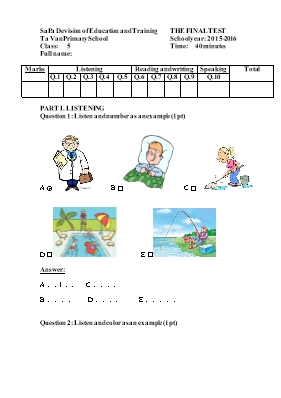 Đề kiểm tra môn Tiếng Anh Lớp 5 - Năm học 2015-2016 - Trường TH Tả Văn